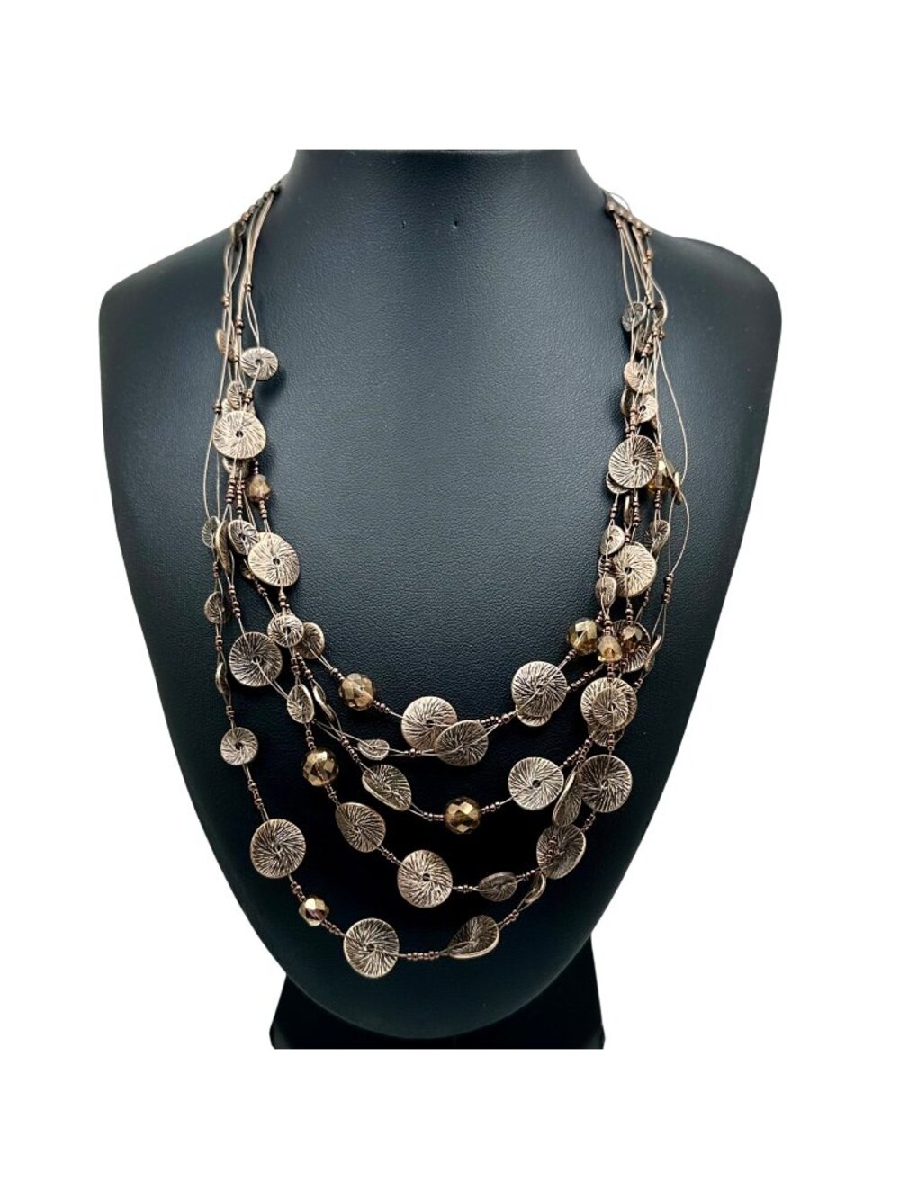 Chico's Necklace 5 Strands Round Copper Colored Beads Clear Gold Tone Beads 20"
